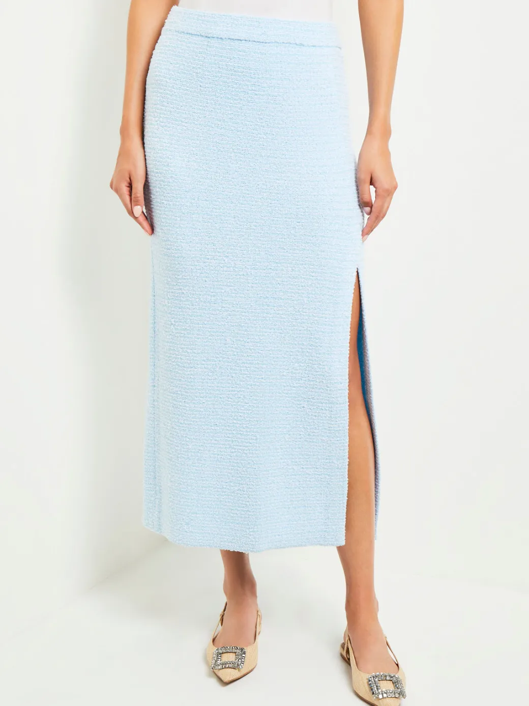 Midi Straight Skirt - Side Slit Tweed Knit|Misook Online