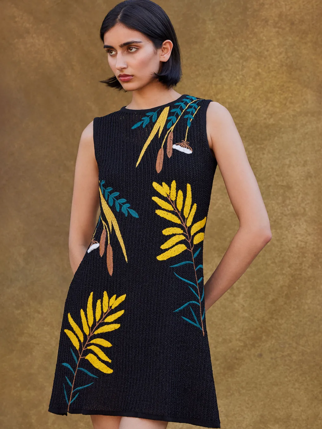 Mini A-Line Dress - Embroidered Open Ribbon Knit|Misook Fashion