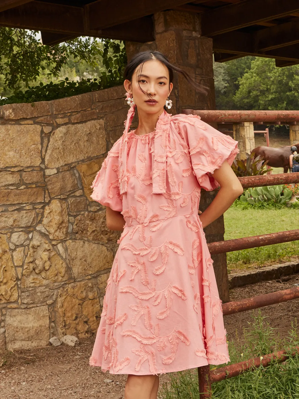 Mini Fit & Flare Dress - Puff Sleeve Fringe Applique Cotton|Misook Outlet