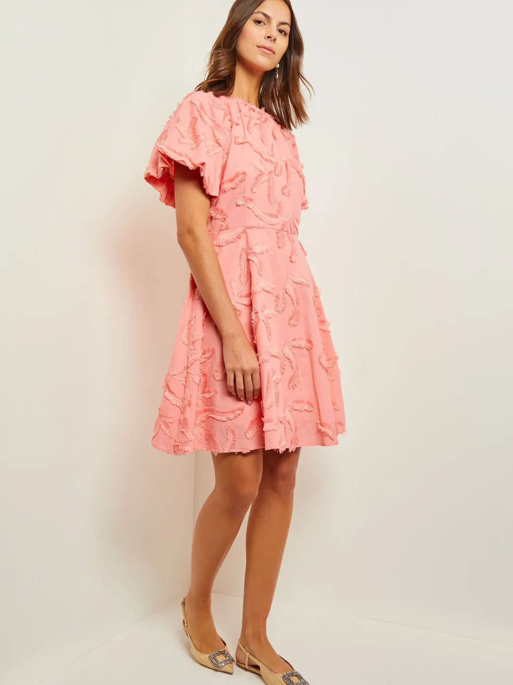 Mini Fit & Flare Dress - Puff Sleeve Fringe Applique Cotton|Misook Outlet