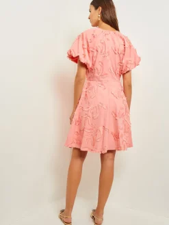 Mini Fit & Flare Dress - Puff Sleeve Fringe Applique Cotton|Misook Outlet