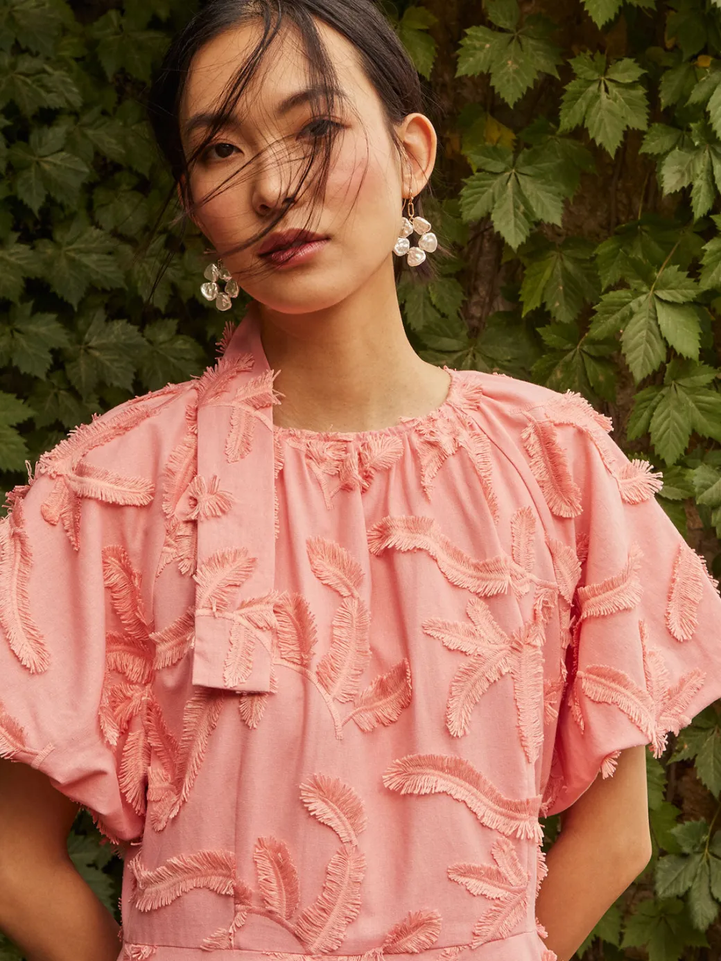 Mini Fit & Flare Dress - Puff Sleeve Fringe Applique Cotton|Misook Outlet