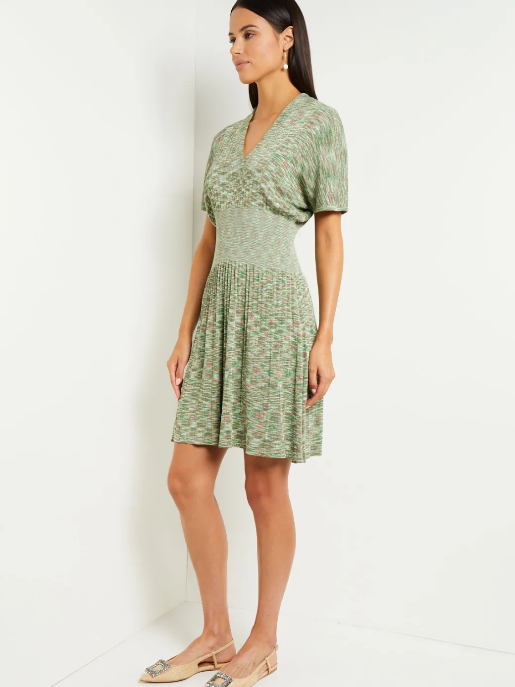 Mini Fit & Flare Dress - V-Neck Pleated Knit|Misook Hot