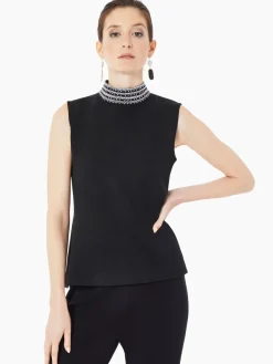 Mock Neck Embroidered Trim Knit Tank Top|Misook Outlet