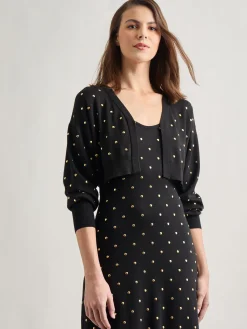 Modern Fit Cropped Gold Studded Soft Knit Cardigan|Misook Discount