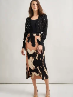 Modern Fit Cropped Gold Studded Soft Knit Cardigan|Misook Discount