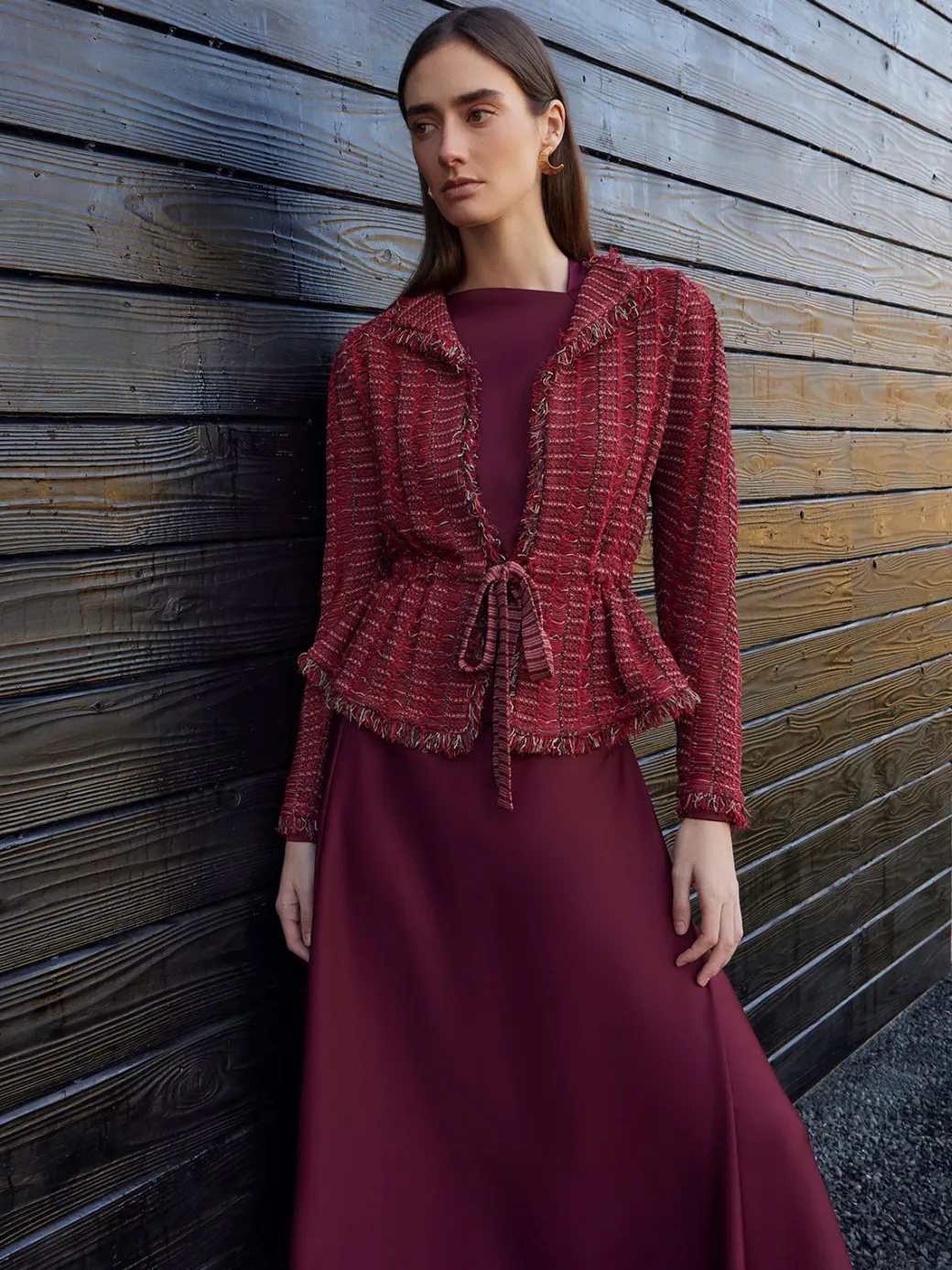 Modern Fit Linear Fringe Tweed Belted Knit Jacket|Misook Fashion