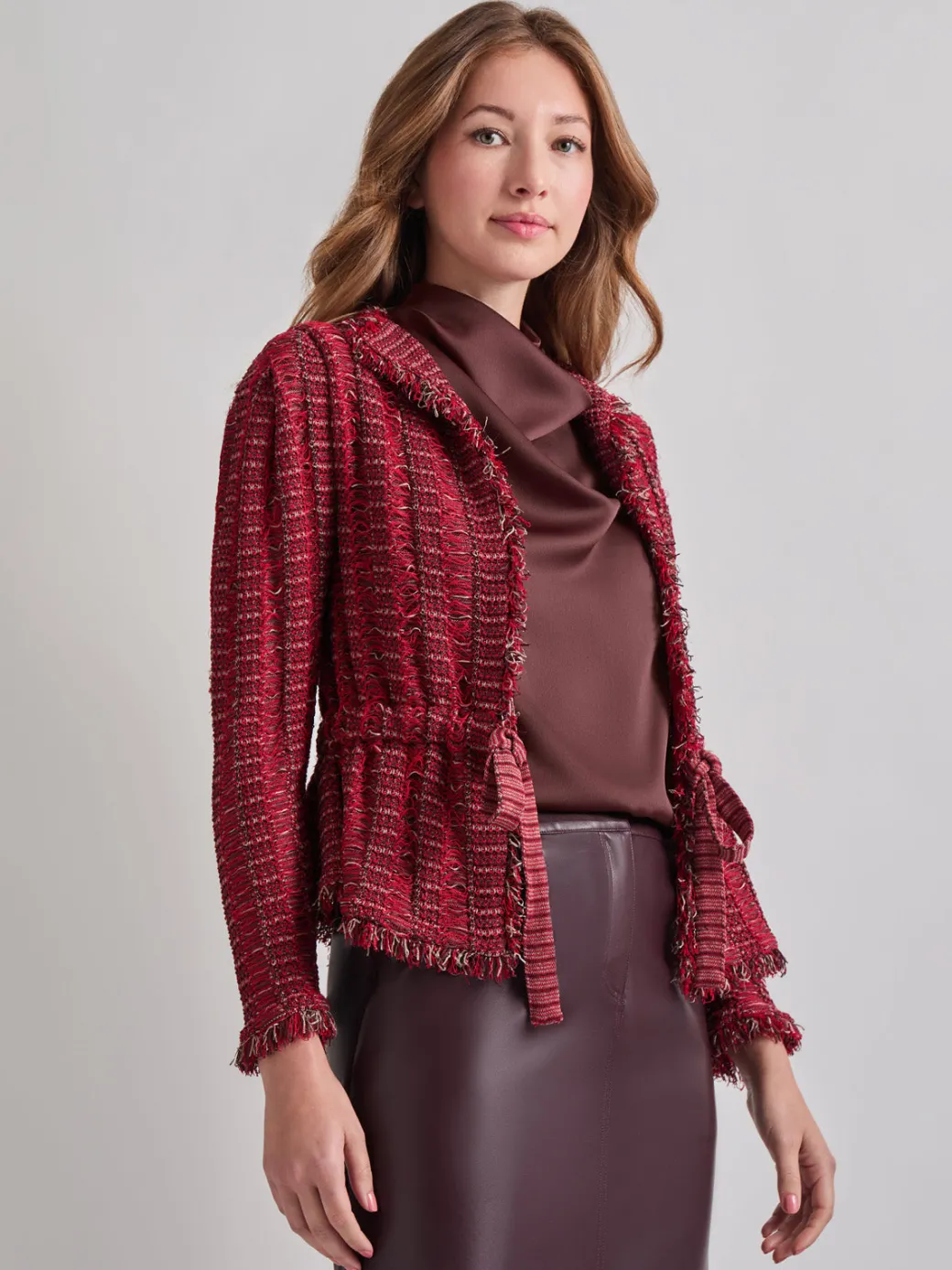 Modern Fit Linear Fringe Tweed Belted Knit Jacket|Misook Fashion