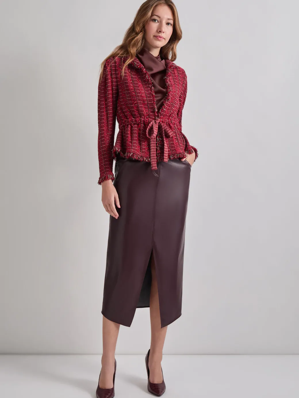 Modern Fit Linear Fringe Tweed Belted Knit Jacket|Misook Fashion