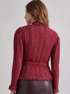 Modern Fit Linear Fringe Tweed Belted Knit Jacket|Misook Fashion