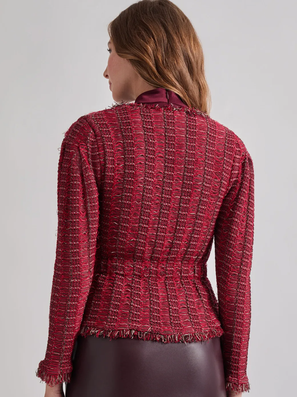 Modern Fit Linear Fringe Tweed Belted Knit Jacket|Misook Fashion