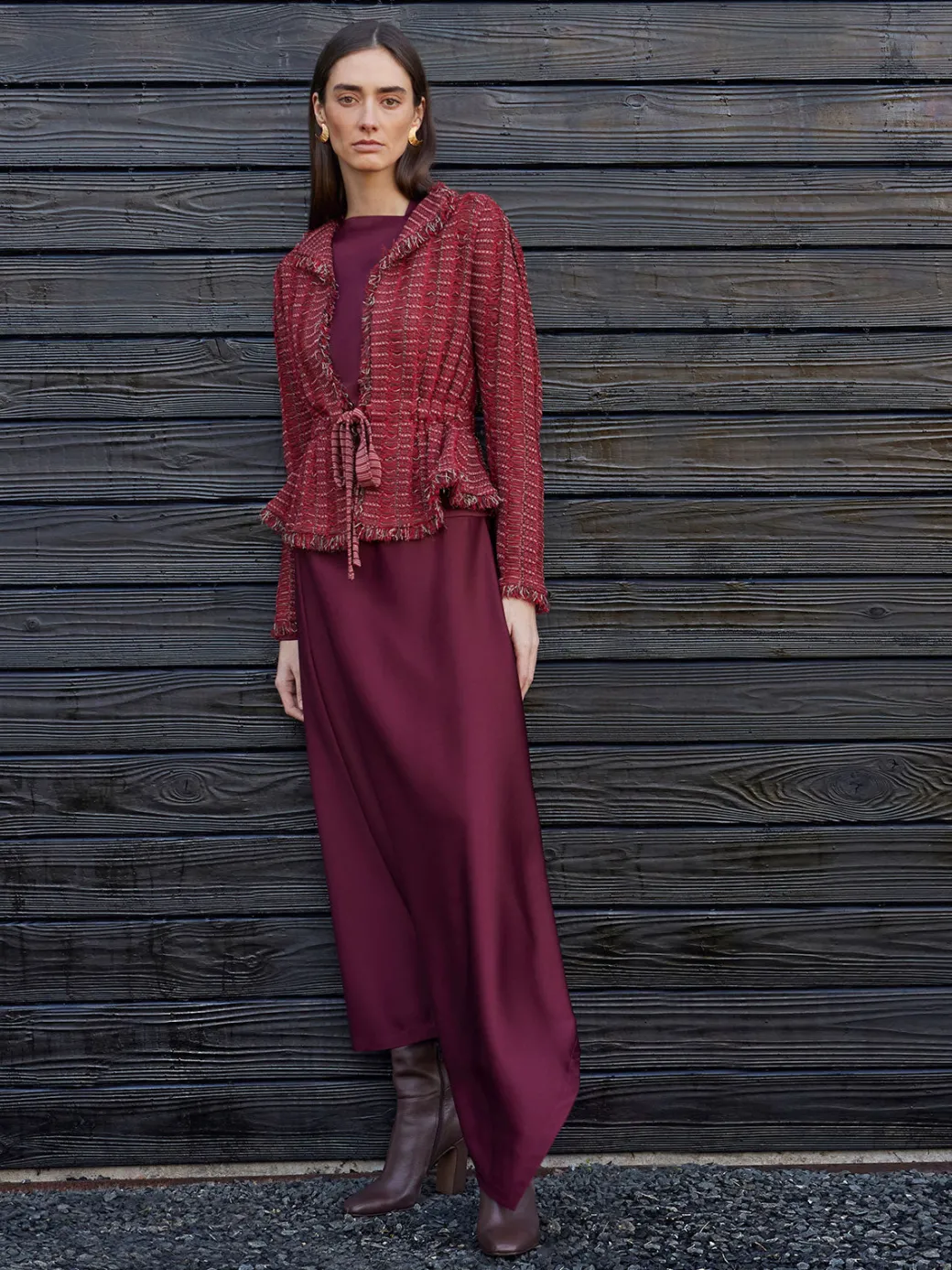 Modern Fit Linear Fringe Tweed Belted Knit Jacket|Misook Fashion