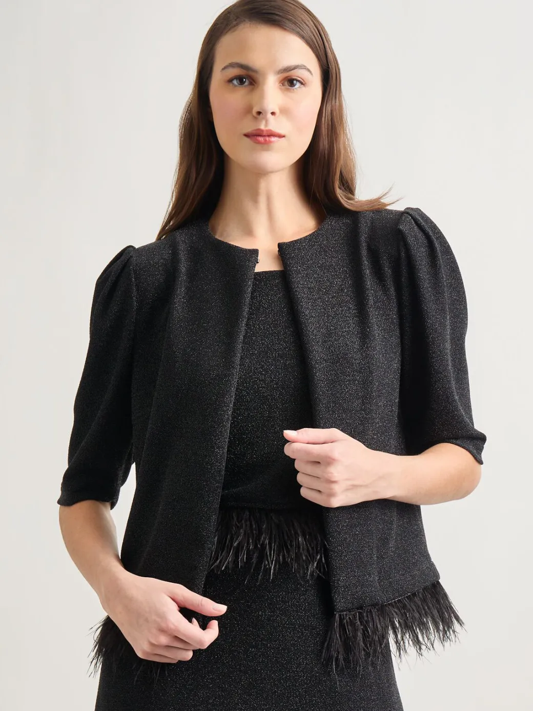 Modern Fit Ostrich Feather Trim Stretch Woven Jacket|Misook Outlet