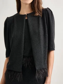 Modern Fit Ostrich Feather Trim Stretch Woven Jacket|Misook Outlet