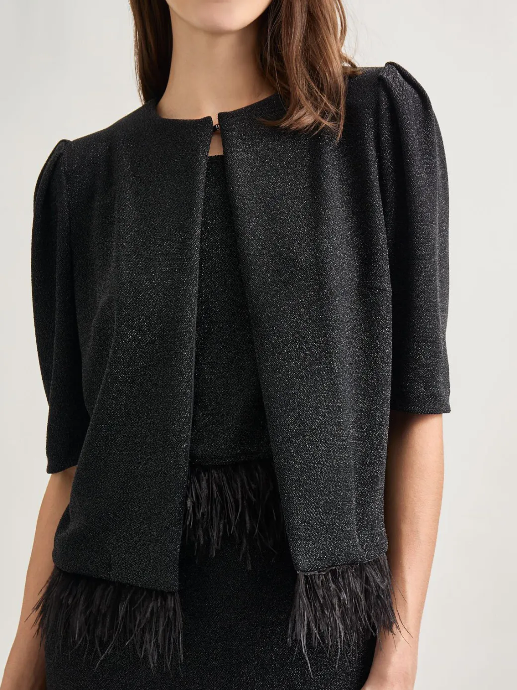 Modern Fit Ostrich Feather Trim Stretch Woven Jacket|Misook Outlet