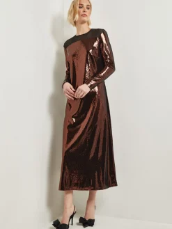 Modern Fit Sheer Shoulder Sequin A-Line Maxi Dress|Misook Fashion