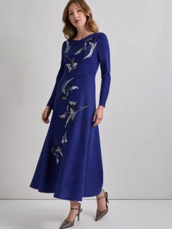 Modern Fit-and-Flare Embroidered Floral Knit Maxi Dress|Misook Hot