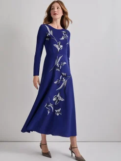 Modern Fit-and-Flare Embroidered Floral Knit Maxi Dress|Misook Hot
