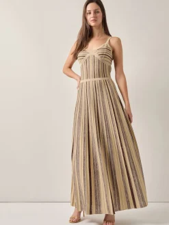 Modern Fit-and-Flare Lurex Striped Knit Maxi Dress|Misook Best
