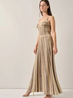 Modern Fit-and-Flare Lurex Striped Knit Maxi Dress|Misook Best