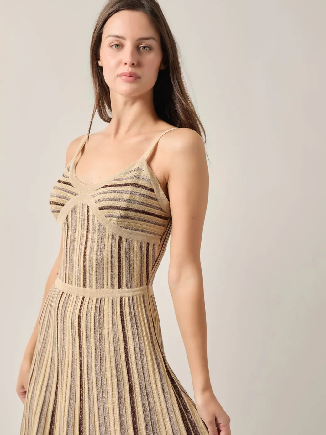 Modern Fit-and-Flare Lurex Striped Knit Maxi Dress|Misook Best