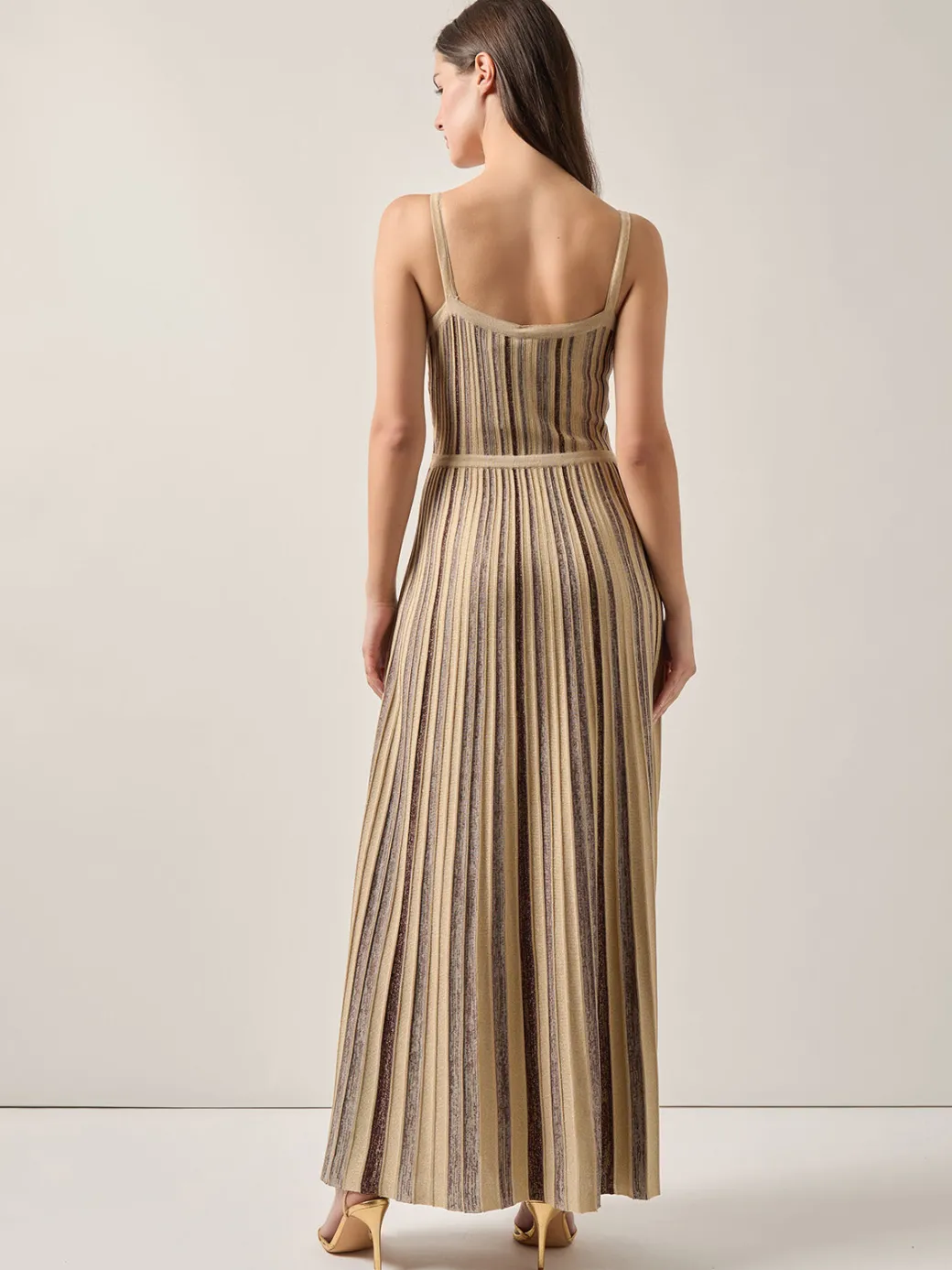 Modern Fit-and-Flare Lurex Striped Knit Maxi Dress|Misook Best