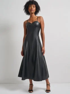 Modern Fit-and-Flare Vegan Leather Princess Seam Maxi Dress|Misook Outlet