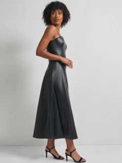 Modern Fit-and-Flare Vegan Leather Princess Seam Maxi Dress|Misook Outlet