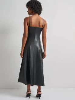 Modern Fit-and-Flare Vegan Leather Princess Seam Maxi Dress|Misook Outlet