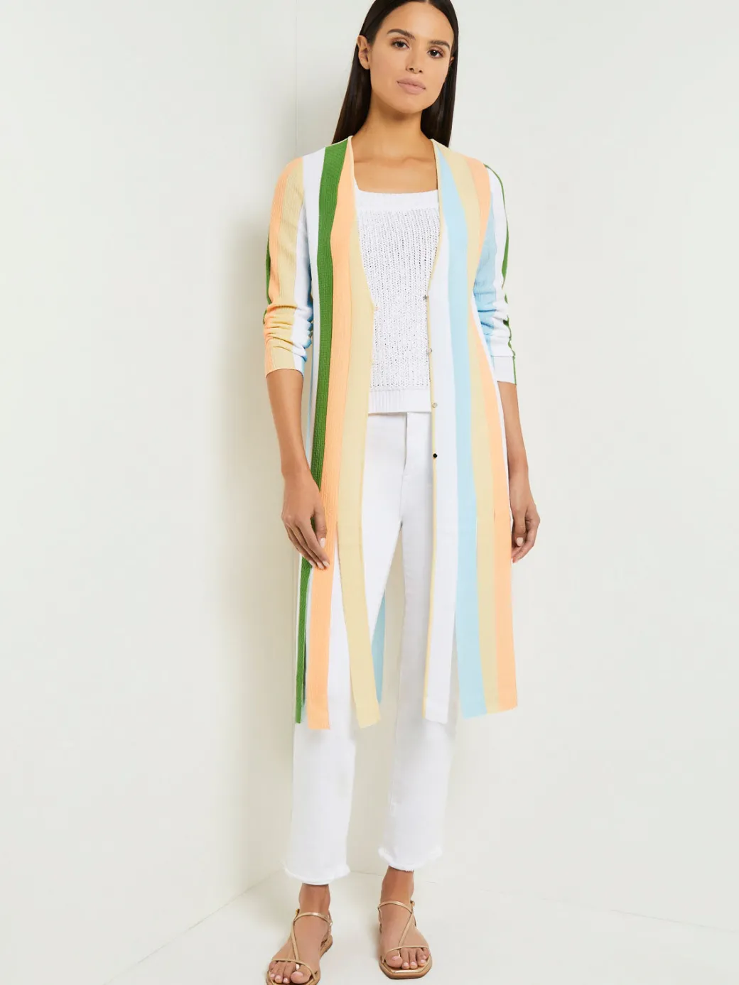 Open Neck Heritage Fit Jacket - Striped Intarsia Knit Fringe Hem|Misook Sale