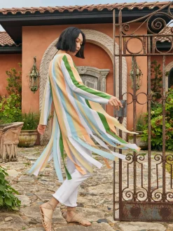 Open Neck Heritage Fit Jacket - Striped Intarsia Knit Fringe Hem|Misook Sale