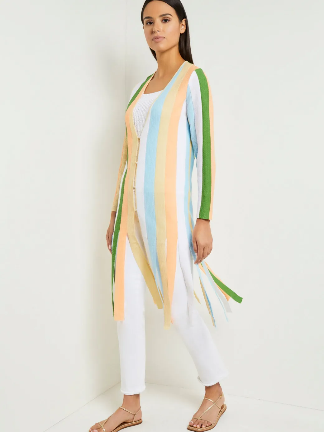 Open Neck Heritage Fit Jacket - Striped Intarsia Knit Fringe Hem|Misook Sale