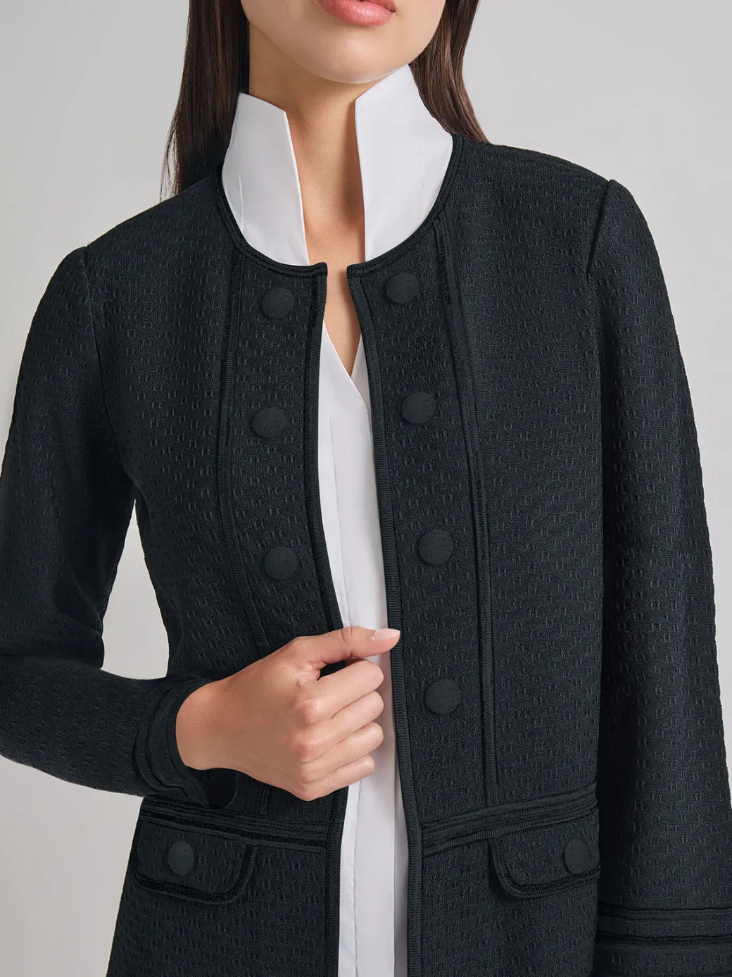 Open Neck Tonal Detail Jacket|Misook Discount