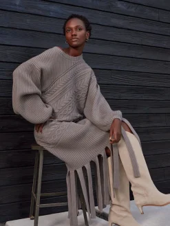 Oversized Cable Knit Wool Blended Sheath Maxi Dress|Misook Best