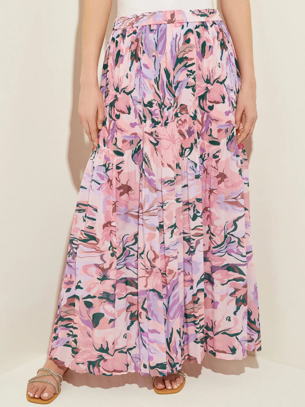 Pink Pleated Skirt - Floral Maxi Skirt ||Misook Hot
