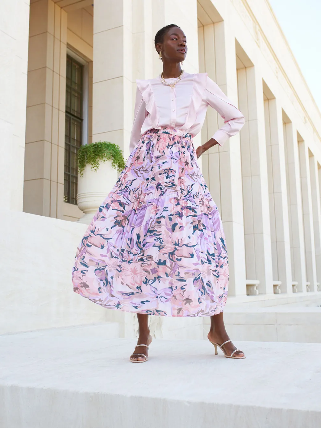 Pink Pleated Skirt - Floral Maxi Skirt ||Misook Hot