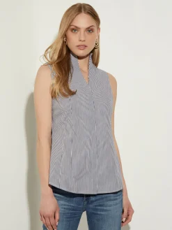 Pinstripe Sleeveless Stretch Cotton Blouse,|Misook Outlet