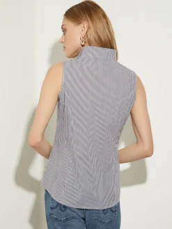 Pinstripe Sleeveless Stretch Cotton Blouse,|Misook Outlet