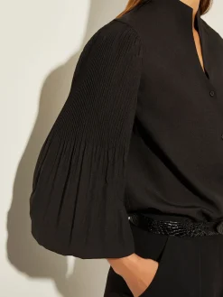 Pleated Bishop Sleeve Stretch Crepe Blouse|Misook Sale