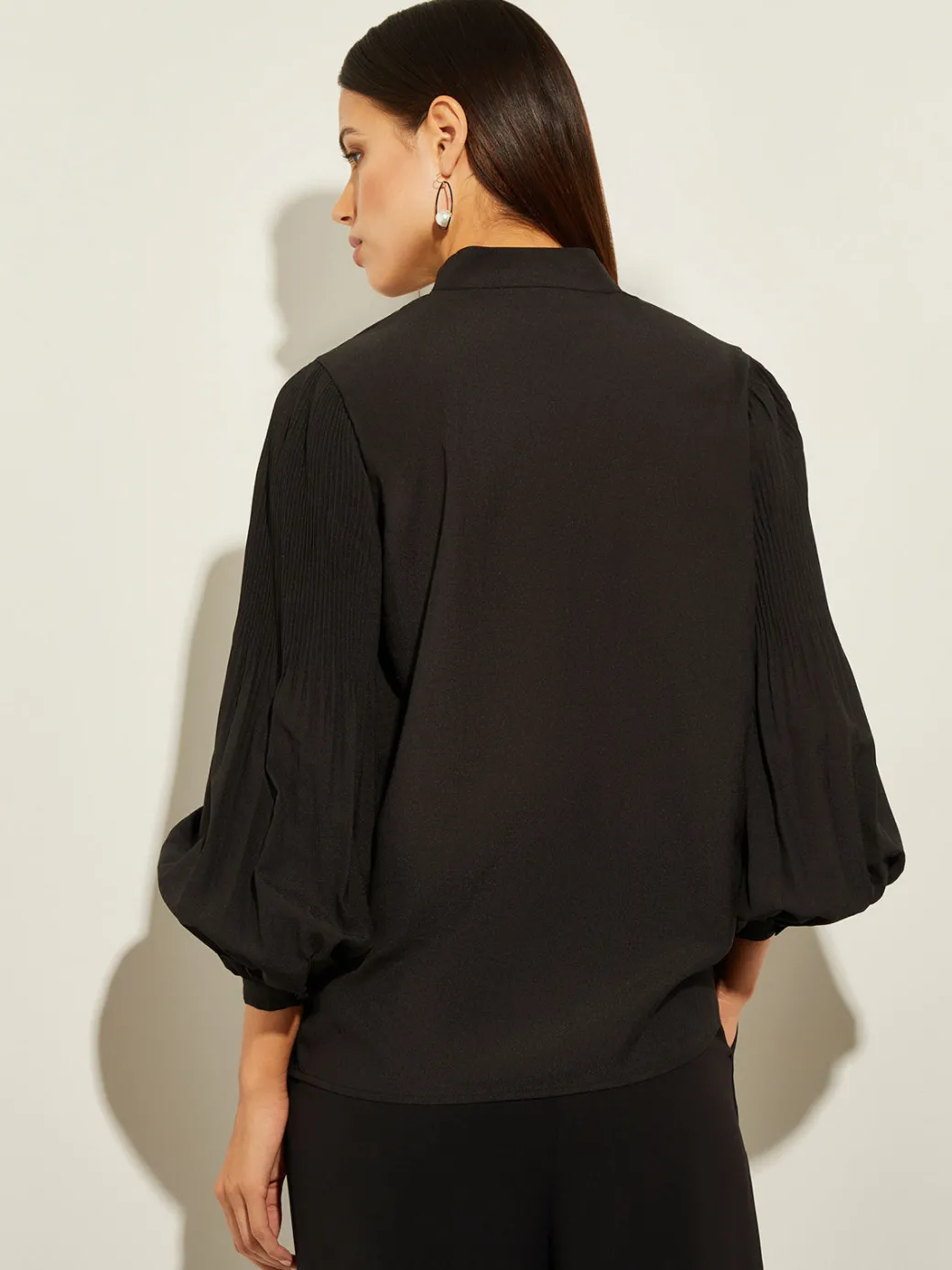Pleated Bishop Sleeve Stretch Crepe Blouse|Misook Sale