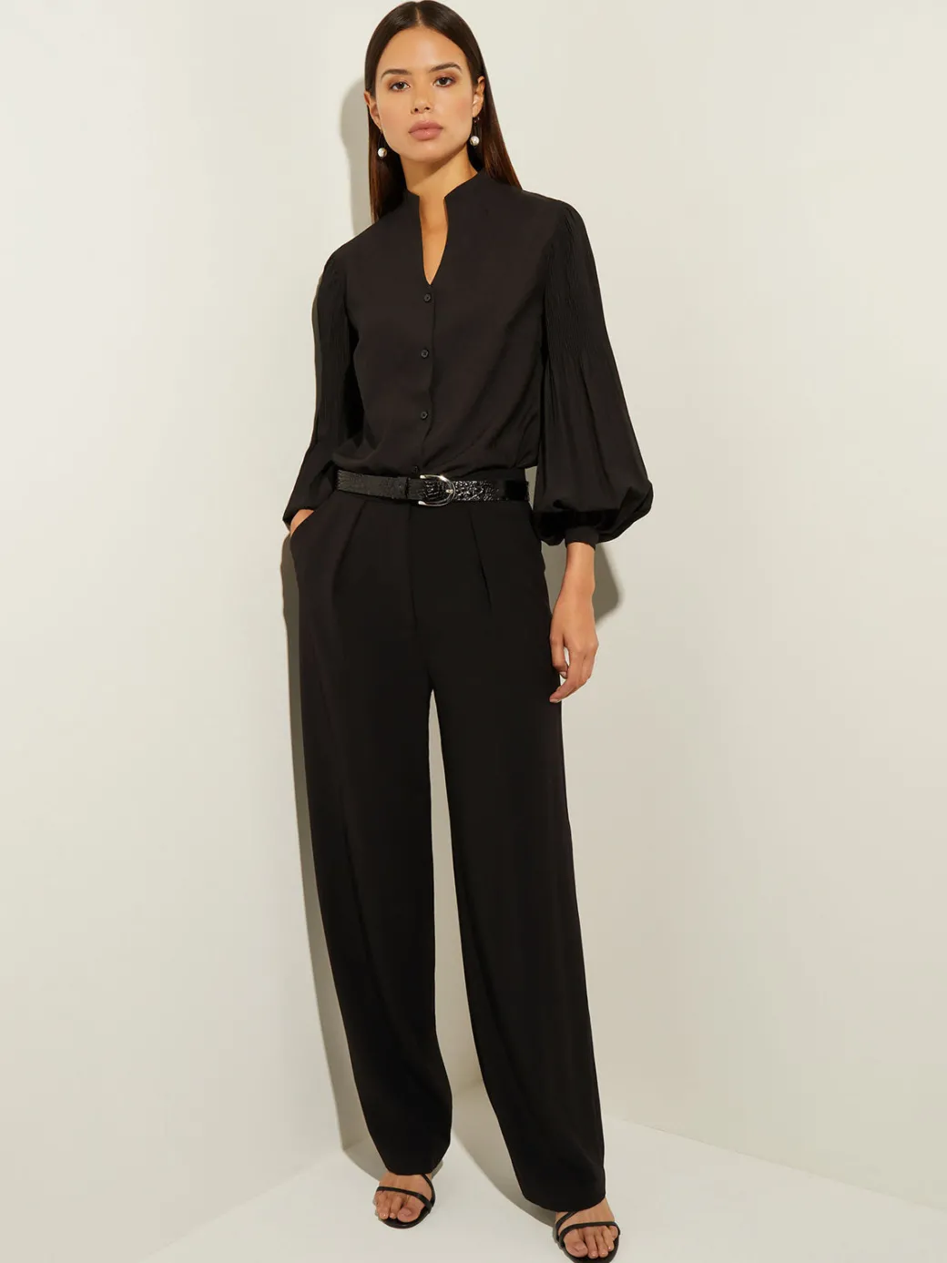 Pleated Bishop Sleeve Stretch Crepe Blouse|Misook Sale