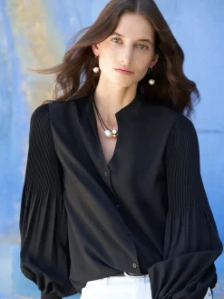 Pleated Bishop Sleeve Stretch Crepe Blouse|Misook Sale