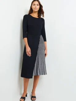 Pleated Contrast Panel Soft Knit Dress|Misook Sale