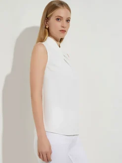 Pleated Crossover Collar Crepe de Chine Blouse|Misook Online