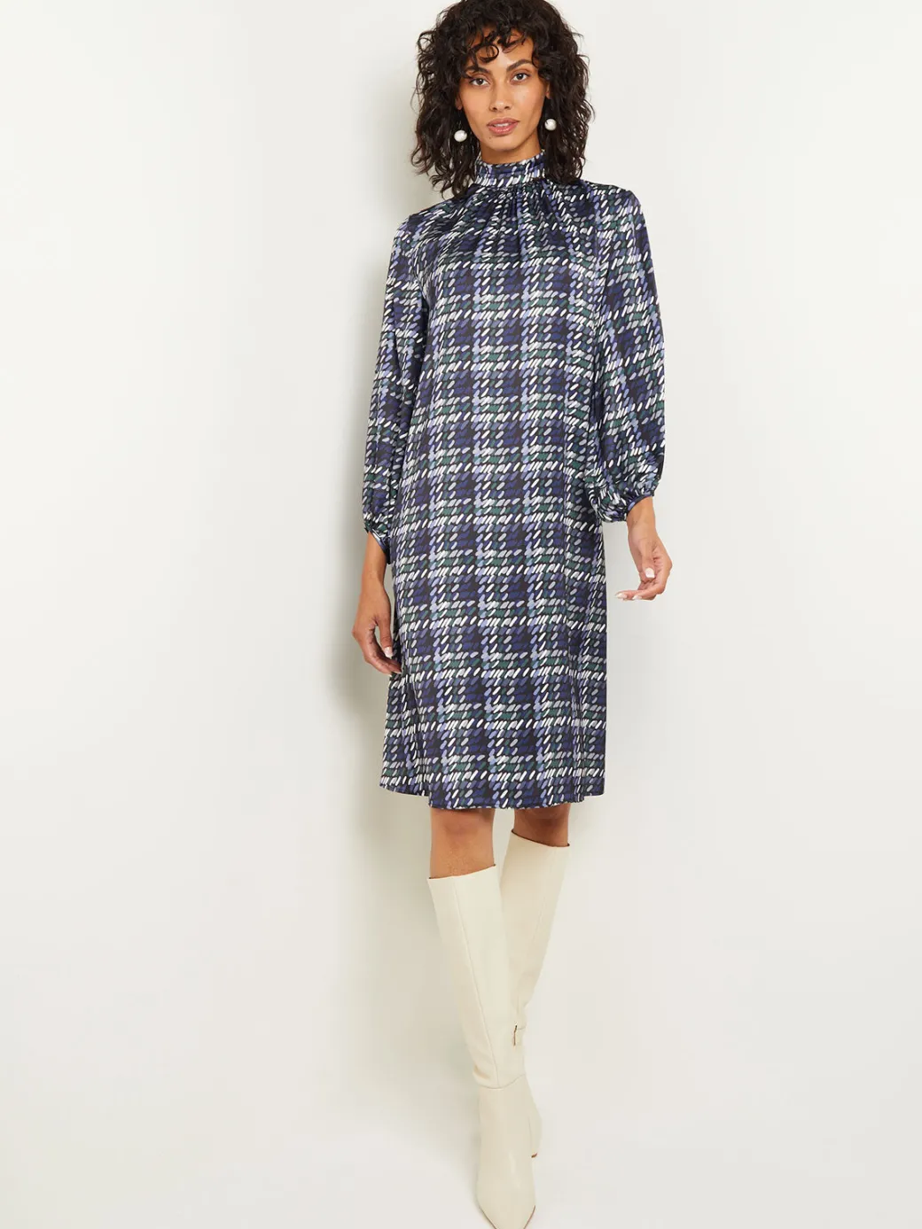 Pleated Mock Neck Crepe de Chine Printed A-Line Dress|Misook Fashion