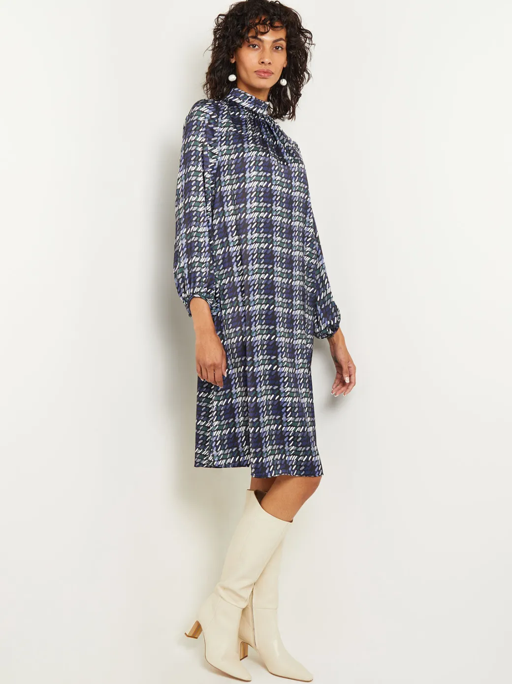 Pleated Mock Neck Crepe de Chine Printed A-Line Dress|Misook Fashion