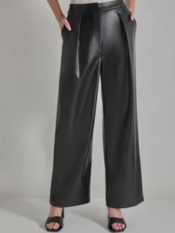 Pleated Straight Leg Vegan Leather Pants|Misook Sale