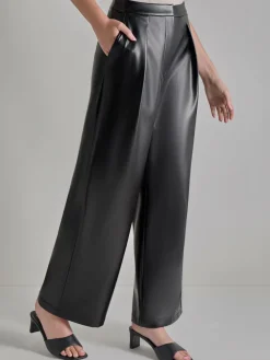 Pleated Straight Leg Vegan Leather Pants|Misook Sale