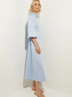 Puff Sleeve Cotton Midi Shirtdress|Misook Sale
