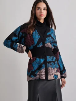 Relaxed Fit Abstract Inset Waist Jacquard Knit Cardigan|Misook Online